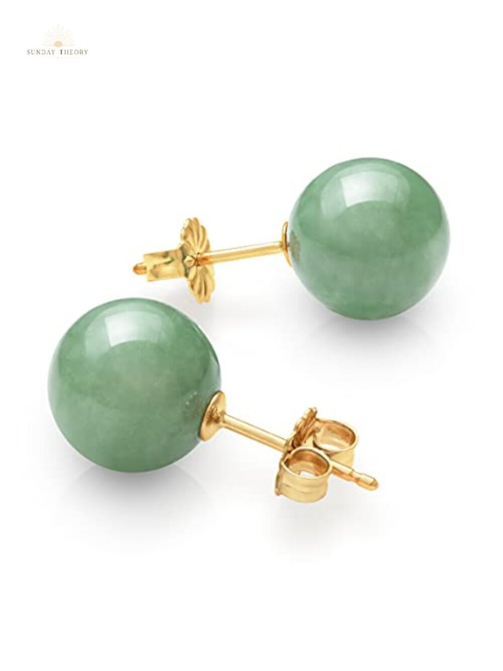 Real Jade Stud Earrings 14K Yellow Gold Round 10mm
